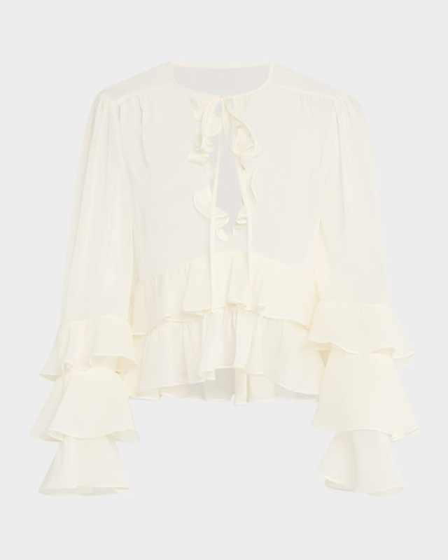 Steffina Ruffle Neck-Tie Long-Sleeve Top